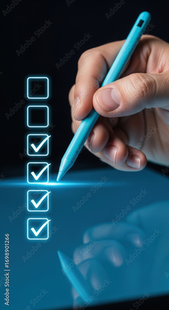 Aufkleber hand using stylus to mark digital checklist on touchscreen device. concept of productivity, task man
