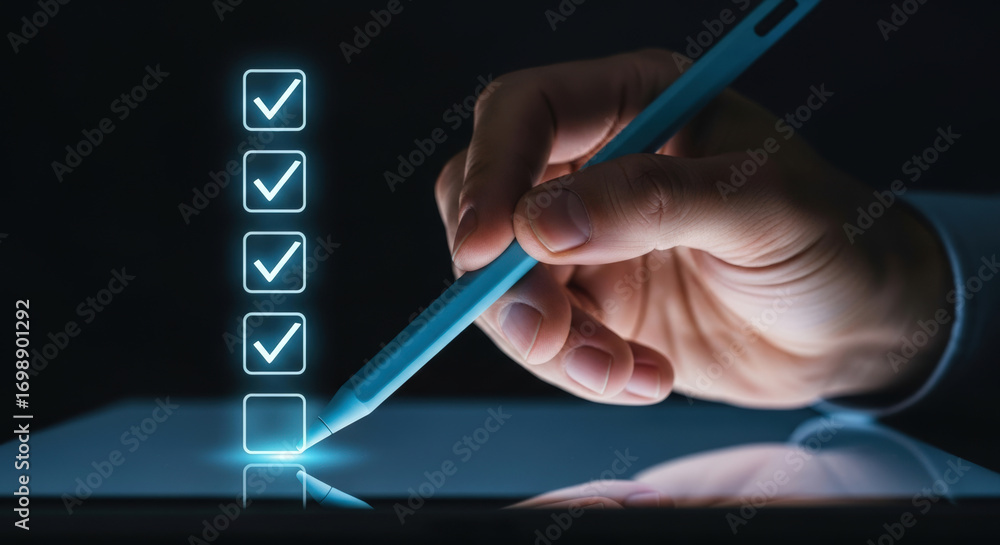 Poster hand using stylus to complete digital checklist on touchscreen device. concept of productivity, task