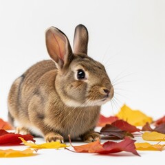Brown Rabbit Surrounded by Colorful Autumn Leaves on a White Background