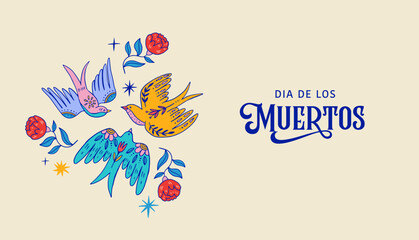 Dia de los muertos, Day of the dead, Mexican holiday, festival. Hand drawn vector poster, banner and card in modern doodle, art style, with skulls, birds, guitar and flowers