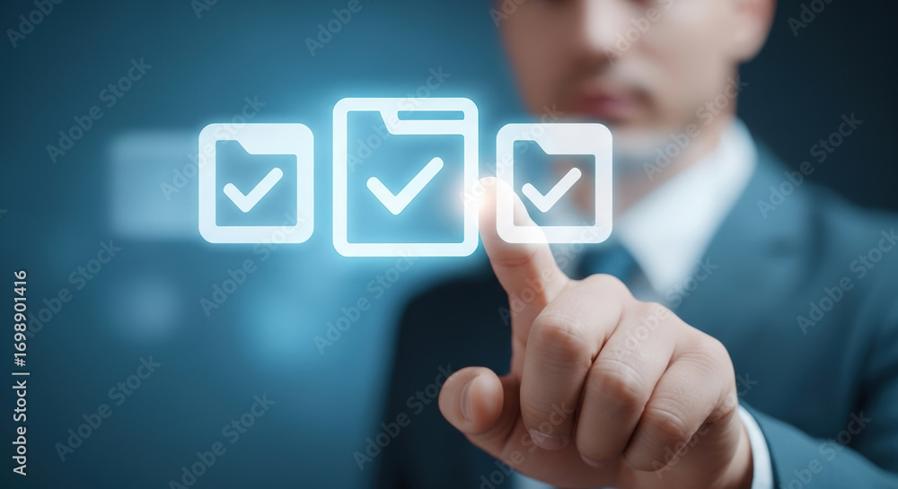 Aufkleber businessman touching virtual checklist icons with glowing check marks. concept of task management, p