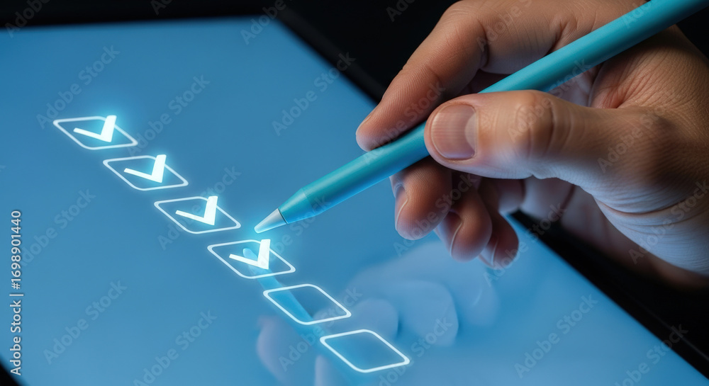 Aufkleber hand using stylus to complete digital checklist on tablet screen. concept of productivity, task mana