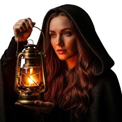 Woman in Black Hood Holding Glowing Lantern on Isolated Background