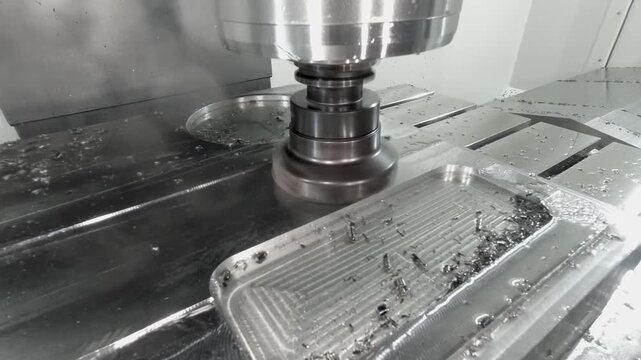 Close-up of face milling process using CNC machine on aluminum plate. Precision machining in modern industrial environment. Metal cutting with rotating tool.