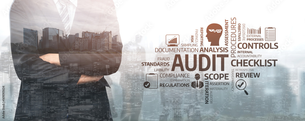 Poster an engaging visual representation of the audit process, showcasing analysis, checklists, and account