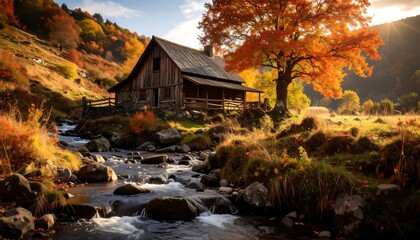 Autumnal mountain cabin by a stream