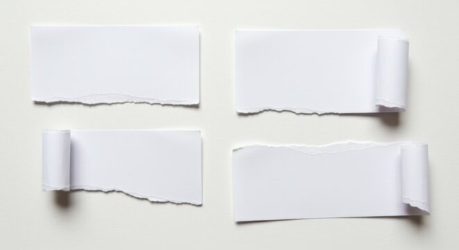 Conjunto de adesivos de papel com bordas rasgadas e irregulares. Peda&ccedil;os brancos de papel em fundo branco, cole&ccedil;&atilde;o para projetos de design