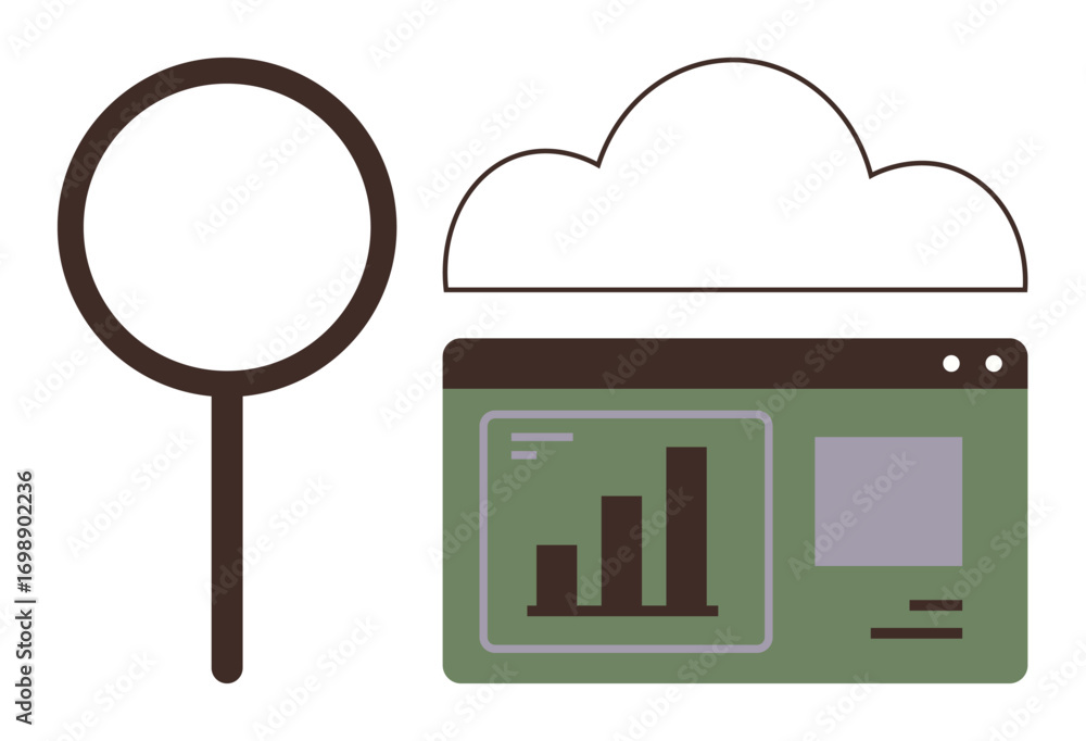 Poster magnifying glass near cloud-connected dashboard displaying bar graph and data widgets. ideal for ana