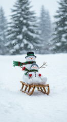 Joyful snowman parent and child having fun sledding together on a wooden sleigh in a snowy winter forest scene.