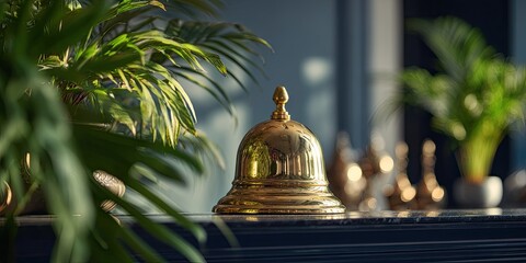 Gold bell sits on dark countertop amidst lush greenery
