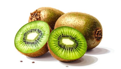 Fototapeta premium Fresh, vibrant kiwi fruit slices, a close-up displays their intricate details, showcasing a rich green hue and brown seeds.