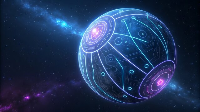 a futuristic sphere glowing with neon lights in space