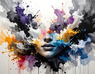 Abstract female portrait with vibrant splashes
