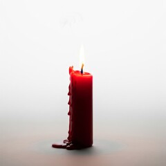 Burning Red Candle with Dripping Wax on Gray Surface Against White Background