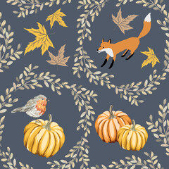 Autumn yellow pumpkins, fox animal, robin bird, maple leaves, twigs wreath, brown background. Vector seamless pattern. Fall season illustration. Forest and garden nature design