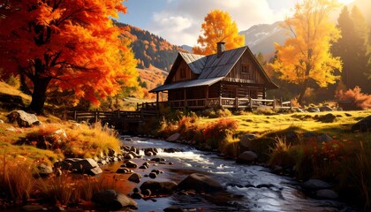 Autumnal mountain cabin nestled by a stream