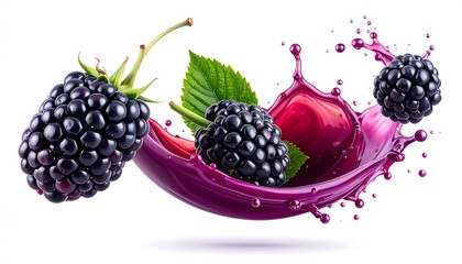 Fresh blackberries suspended in a vibrant splash of purple juice against a white background.