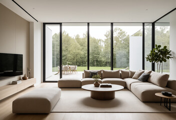 Photo Modern living room with minimalist design, neutral tones, natural sunlight
