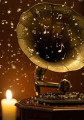 Vintage Gramophone Playing Music with Glowing Candles and Floating Notes – Cozy Nostalgic Ambience for Relaxation and Inspiration