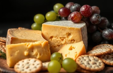 A delicious assortment of cheeses paired with fresh grapes and crackers on a wooden board.