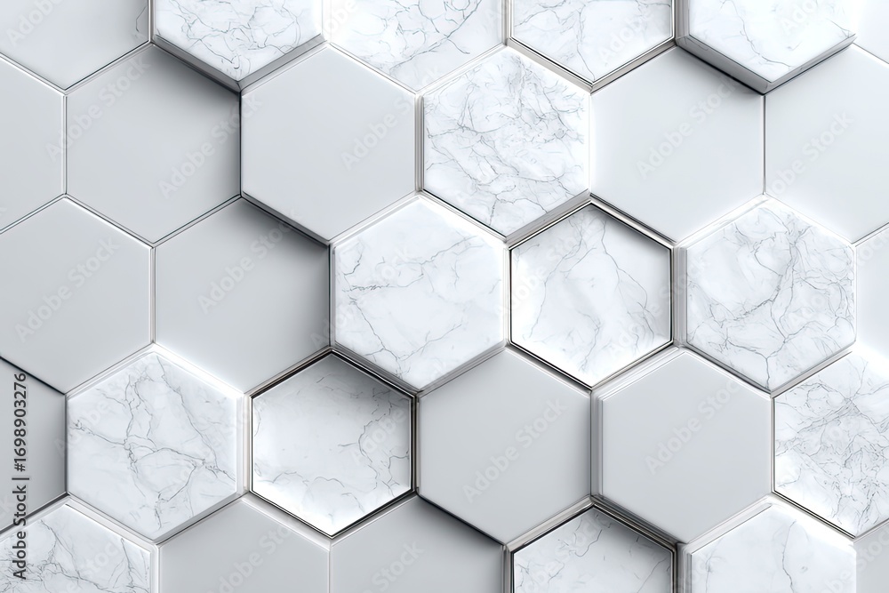 Poster abstract hexagonal pattern, white and light gray marble tiles