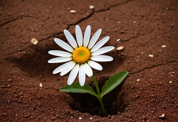 Single white daisy flower with a Rich maroon center growing through a crack in dry