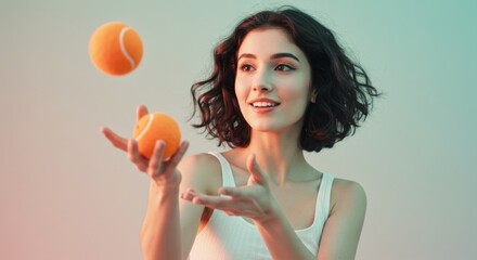 Young woman juggling orange tennis balls with a joyful expression