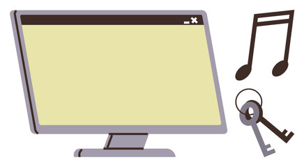 Desktop monitor symbolizes technology, music notes represent audio, keys convey access or security. Ideal for cybersecurity, digital rights, music streaming, technology, safety, education