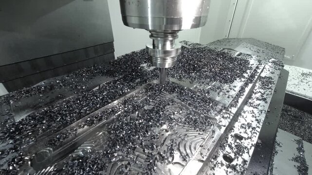 Industrial CNC end milling machine cutting metal with large chip formation. High-precision metalworking process in manufacturing facility.