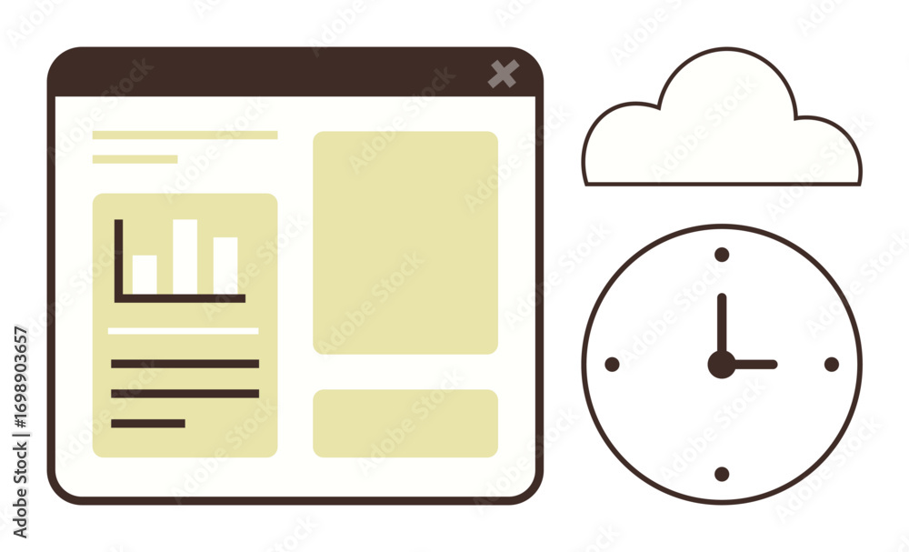 Poster graphical dashboard showcasing bar chart and text, clock representing time tracking, and cloud desig