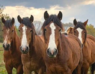 Four brown horses with white facial markings stand closely together in a grassy field, facing the camera.