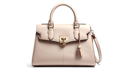 A light beige leather handbag with gold hardware, featuring a tassel and a shoulder strap, is presented against a plain white background.