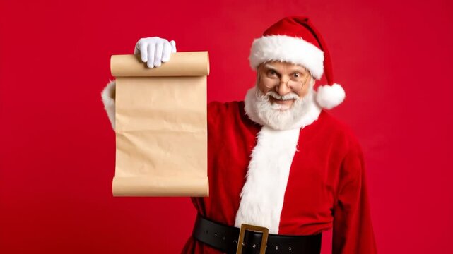 Santa Claus Presents a List on a Red Background for the Festive Season