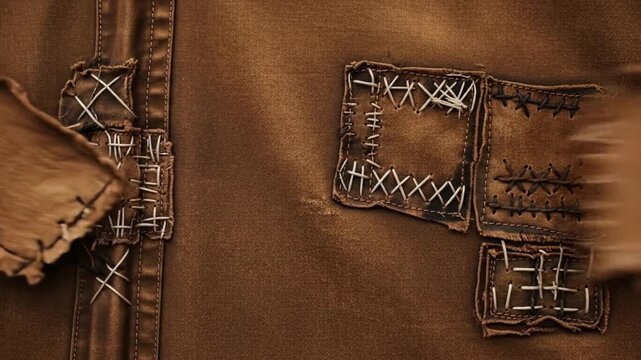 Rugged, weathered fabric with visible, hand-stitched repairs creating a rustic, durable texture for projects.