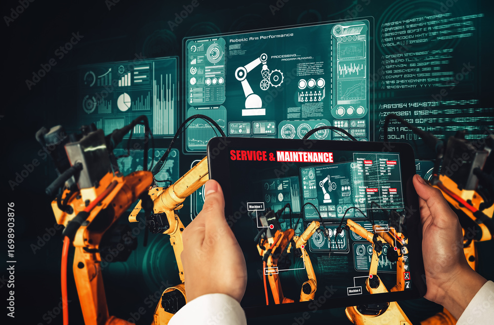 Poster engineer controls robotic arms by augmented reality industry technology application software. smart 