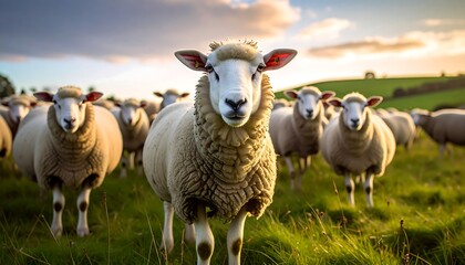 Fototapeta premium Flock of sheep in a field at sunset