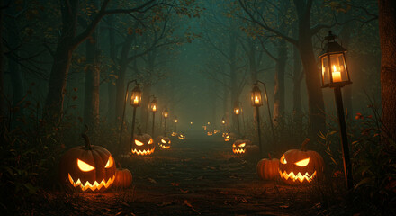 Spooky Halloween Path: Jack-o'-Lanterns and Lanterns in Dark Forest