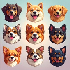 Nine dog head portraits, various breeds, happy expressions, cartoon style