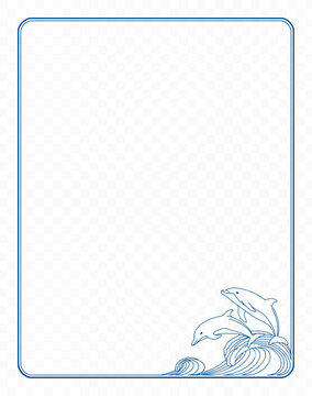 Square frame with a pair of dolphins on a wave on a transparent background. Suitable for cards, invitations, notepads, notebooks and posters. Vector illustration.