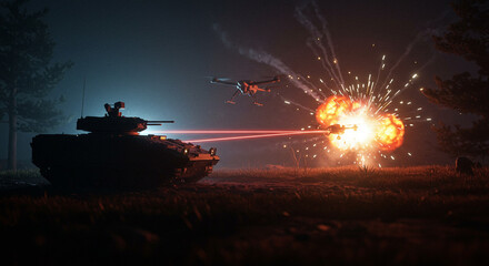 Tank firing laser beams at drone, explosion in night scene.