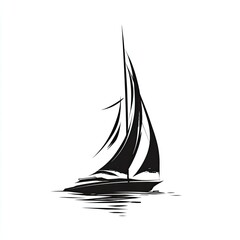 Silhouette of a sailing yacht on water.  A stylized, black and white graphic of a sailboat with a tall, pointed mast and billowing sails, resting on calm water