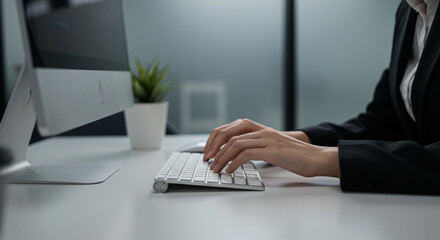 Woman in Suit Typing on Keyboard at Desk with Computer and Plant