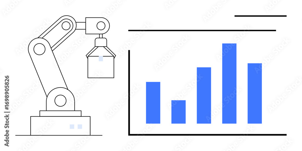 Poster robotic arm lifting an object and blue bar graph panel emphasizing automation, manufacturing, data, 