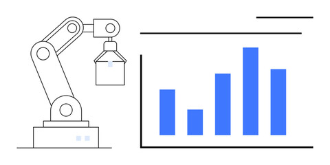 Robotic arm lifting an object and blue bar graph panel emphasizing automation, manufacturing, data, productivity, engineering, research, and technological growth. Ideal for modern industry trends