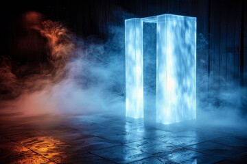 Obraz premium Illuminated glass structure amidst swirling fog in a dimly lit urban space at night