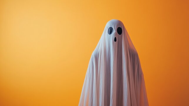 A whimsical and playful ghost, draped in sheer white fabric, floats against a vibrant orange background, embodying a lighthearted take on traditional Halloween spirits.