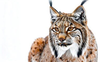Fototapeta premium Close-up portrait of a lynx, showcasing its intricate coat patterns and intense gaze against a stark white background.