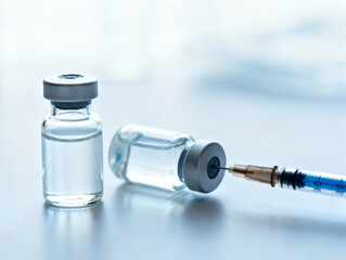  Two vials of clear liquid vaccine with a syringe, representing medical preparedness and the importance of immunization in healthcare