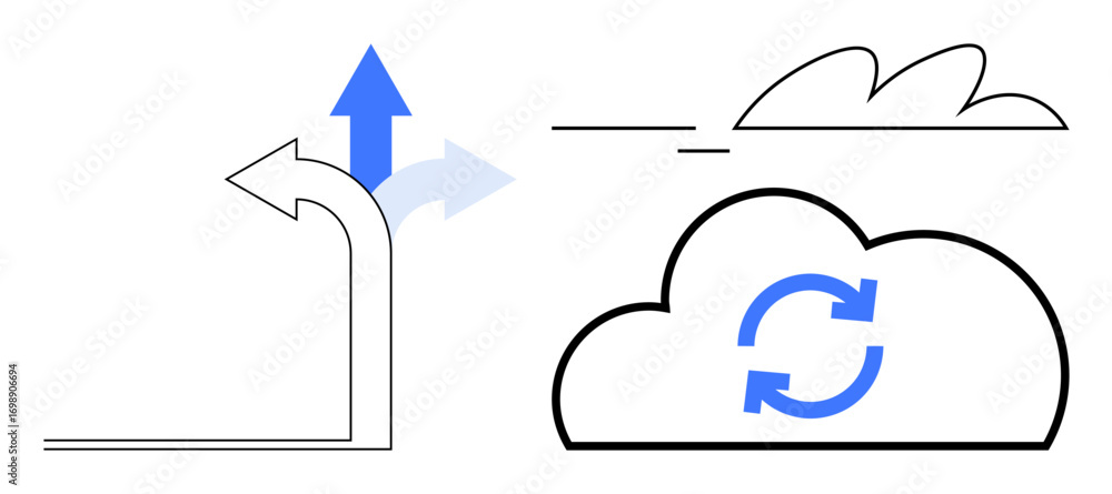 Poster arrows indicating data upload and transfer into a cloud with a synchronization icon. ideal for techn