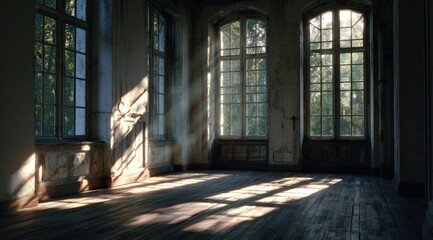 Fototapeta premium Sun-drenched interior of an abandoned hall